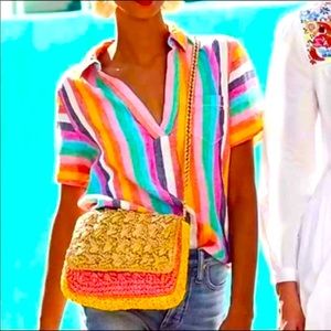 J crew linen rainbow striped shirt Small Candy Linen Shirt pocket